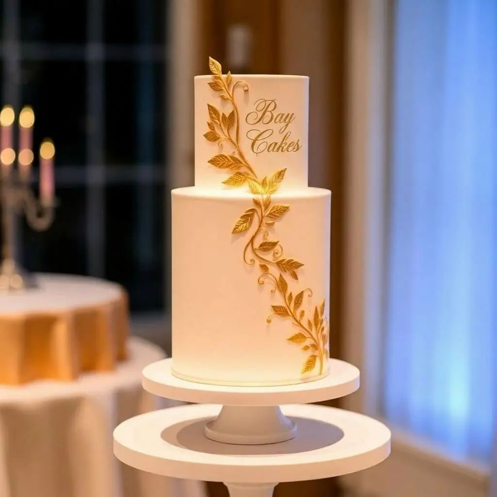Ivory cake with delicate gold leaf accents ✨