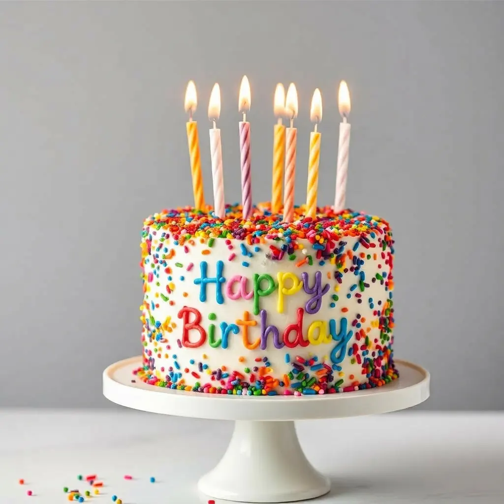 Rainbow sprinkle birthday cake with candles 🎂